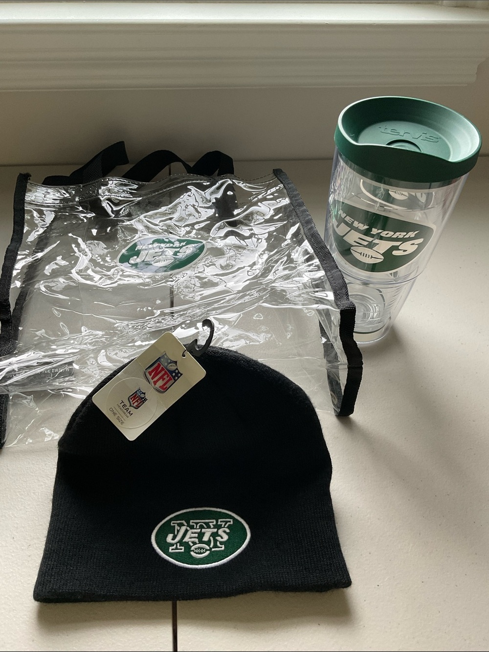 Jets Hat, Stadium Approved Tote and Tervis Tumbler